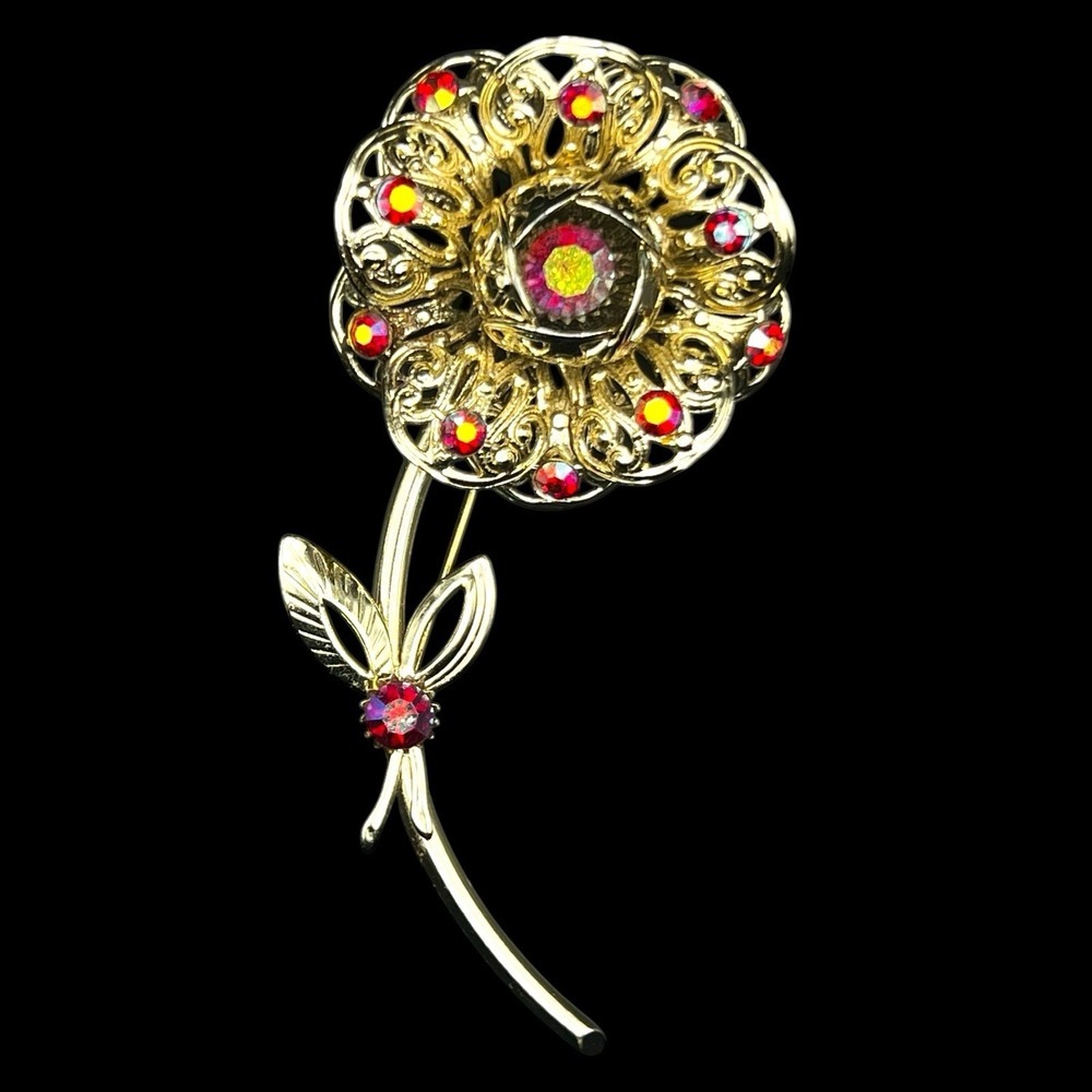 Vintage Sarah Coventry Red Aurora Rhinestone Pin 1961 'Fashion Flower' Brooch‎